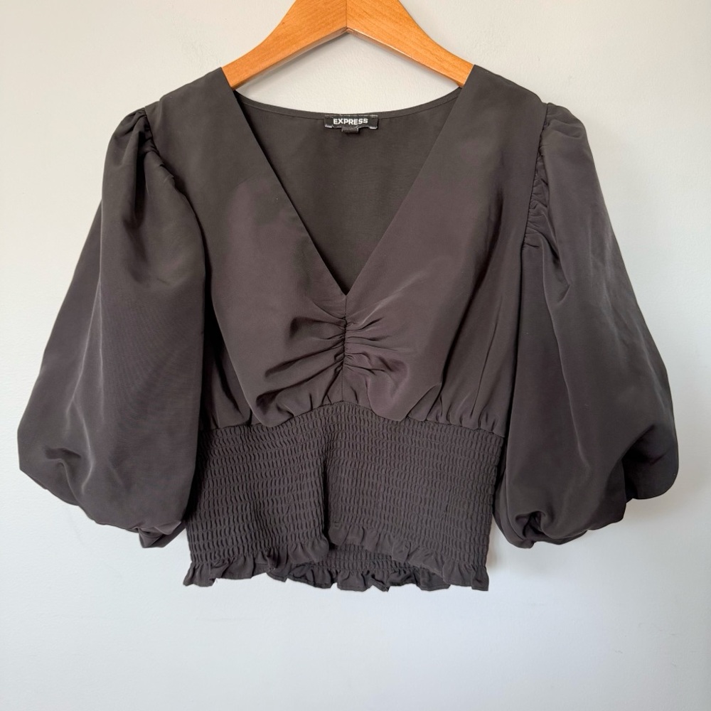 Express Puff Sleeve Black Smocked Waist Top Size Medium